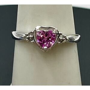 STS 10k White Gold Heart Pink Sapphire and Diamond Engagement Ring Sz 7.5